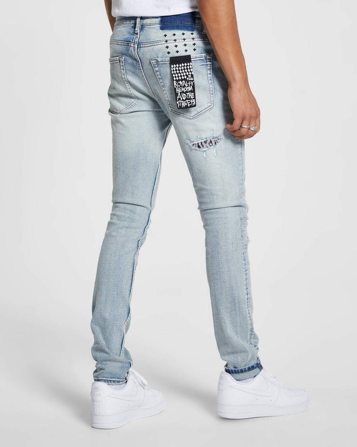 Mens Van Winkle Fire Patch Punk Blu Skinny Denim Jeans - Denim