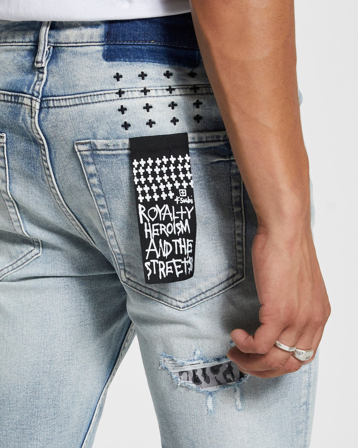 Mens Van Winkle Fire Patch Punk Blu Skinny Denim Jeans - Denim