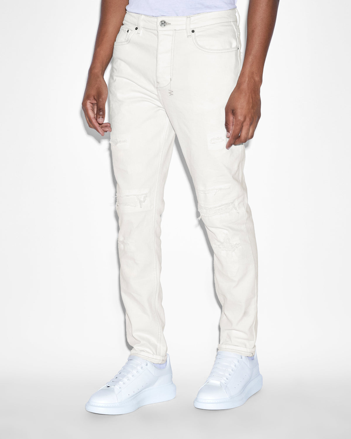 Mens Wolfgang Ivory Repair Tapered Denim Jeans - White