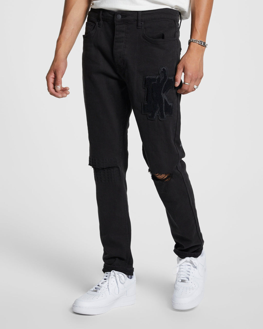 Mens Wolfgang K Patch Ace Black Tapered Denim Jeans - Black
