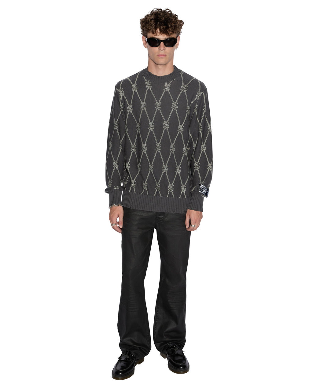 Mens Diamond Dollar Knit Crew Grey Regular Knitwear - Grey