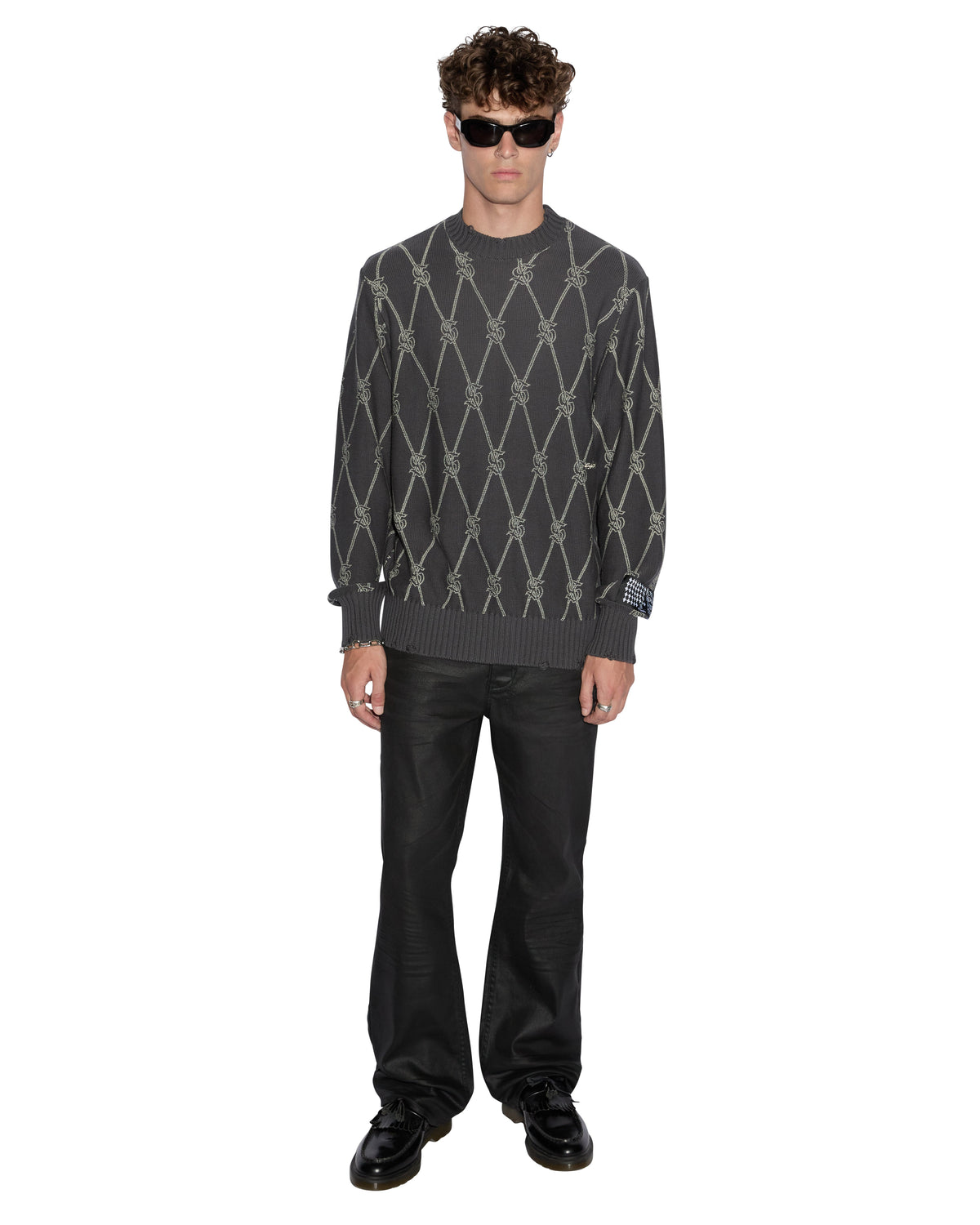 Mens Diamond Dollar Knit Crew Grey Regular Knitwear - Grey