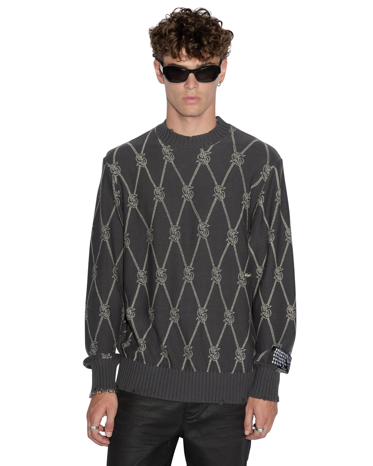 Mens Diamond Dollar Knit Crew Grey Regular Knitwear - Grey