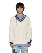 Mens Princeton Cable Knit V Neck Vintage White Boxy Knitwear - White