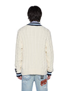 Mens Princeton Cable Knit V Neck Vintage White Boxy Knitwear - White