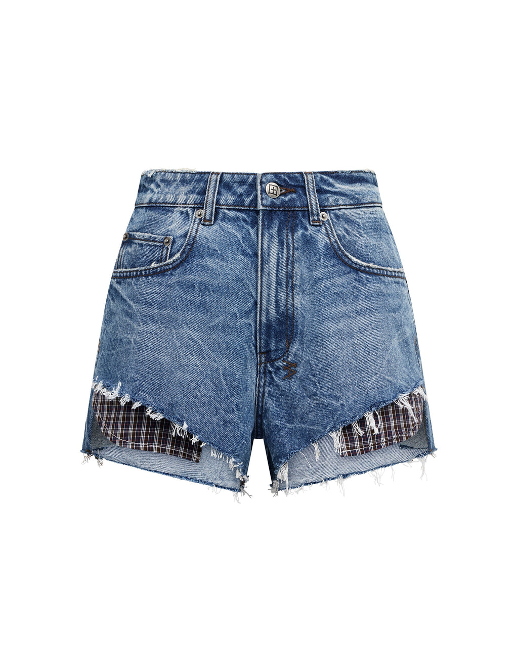Womens Kut Off Denim Short Liberty Blue Plaid Relaxed Walkshorts - Denim