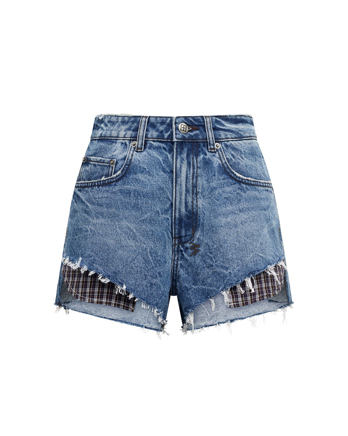 Womens Kut Off Denim Short Liberty Blue Plaid Relaxed Walkshorts - Denim