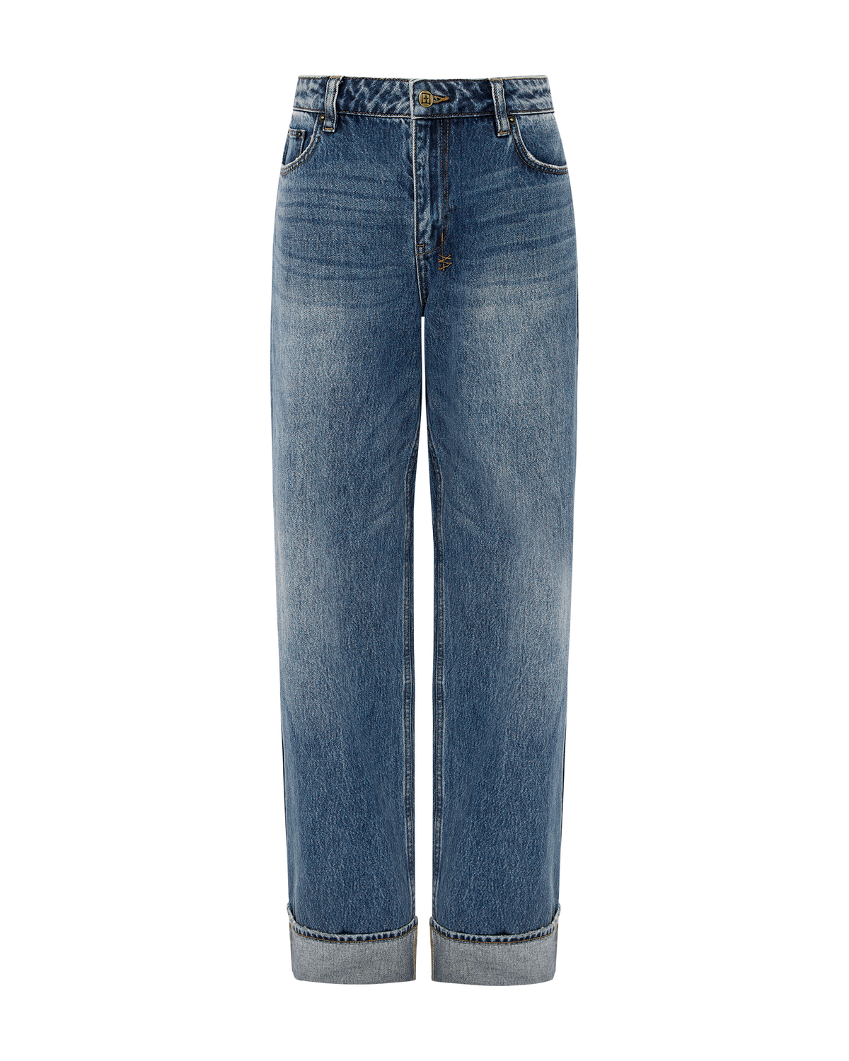 Womens Low Rider Cuffed Aged Baggy Denim Jeans - Denim