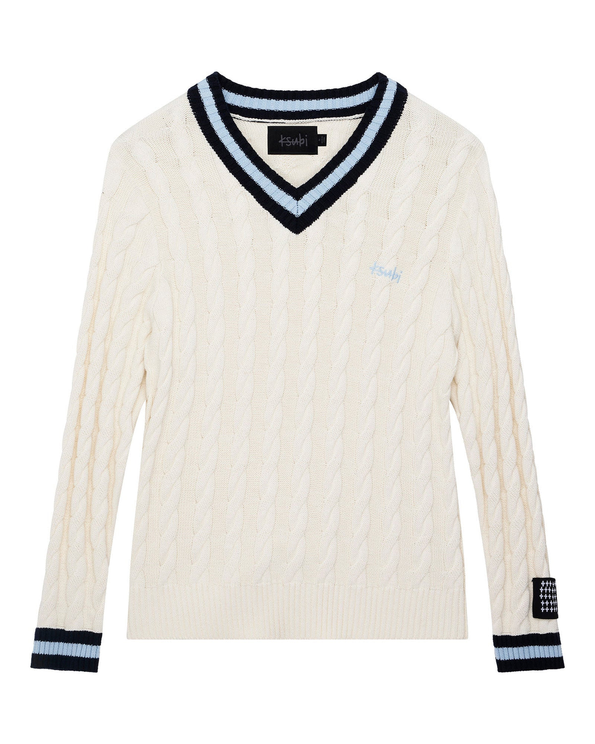 Mens Princeton Cable Knit V Neck Vintage White Boxy Knitwear - White