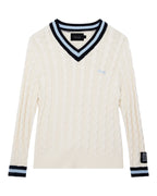 Mens Princeton Cable Knit V Neck Vintage White Boxy Knitwear - White