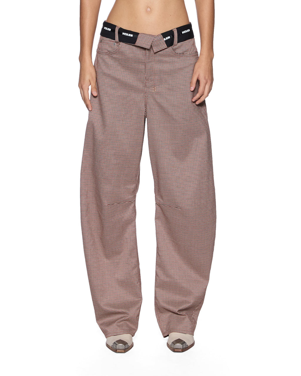 Womens Barrel Trouser Flip Houndstooth Barrel Leg Pants - Brown