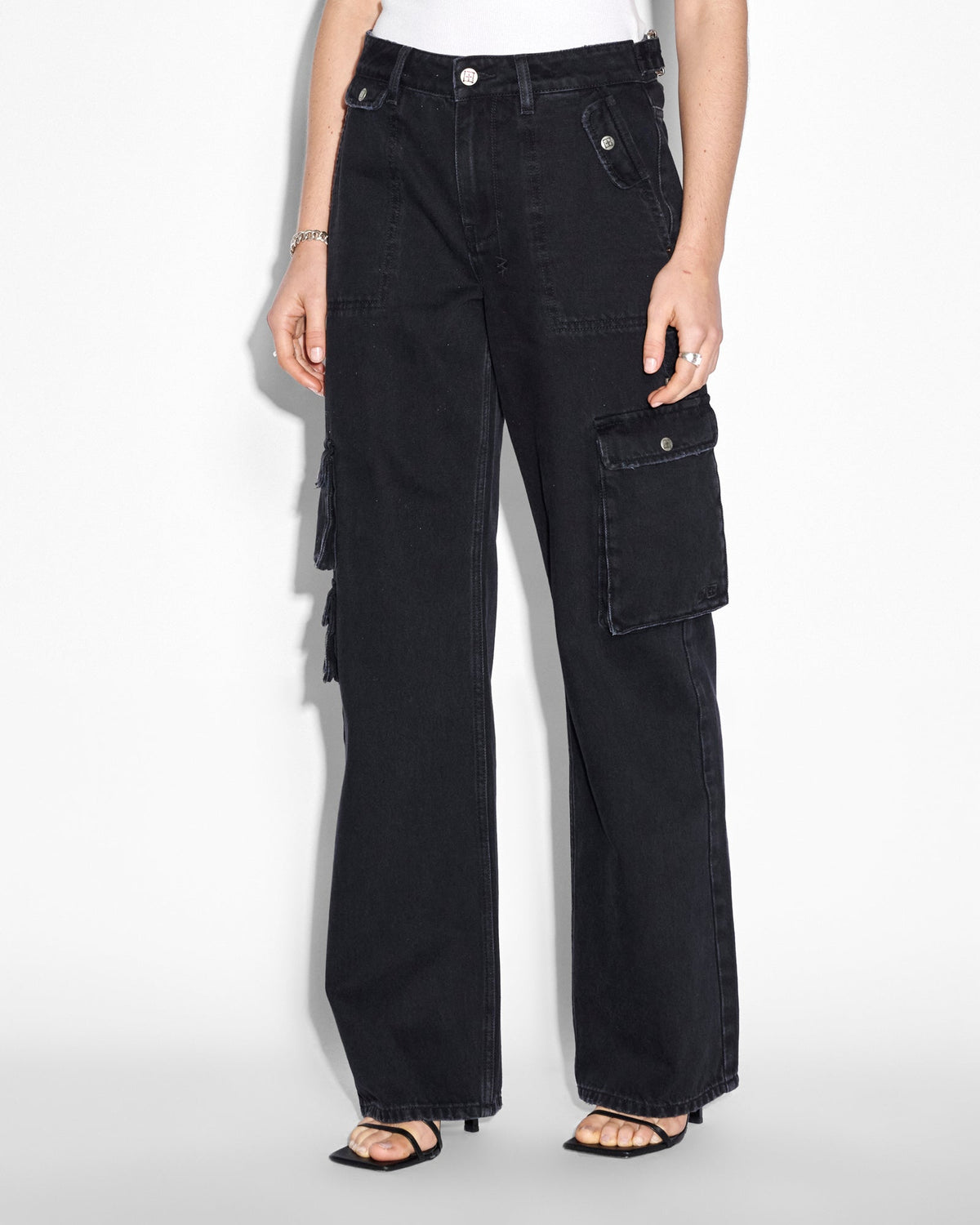 Womens Low Rider Stealth Cargo Baggy Denim Jeans - Black