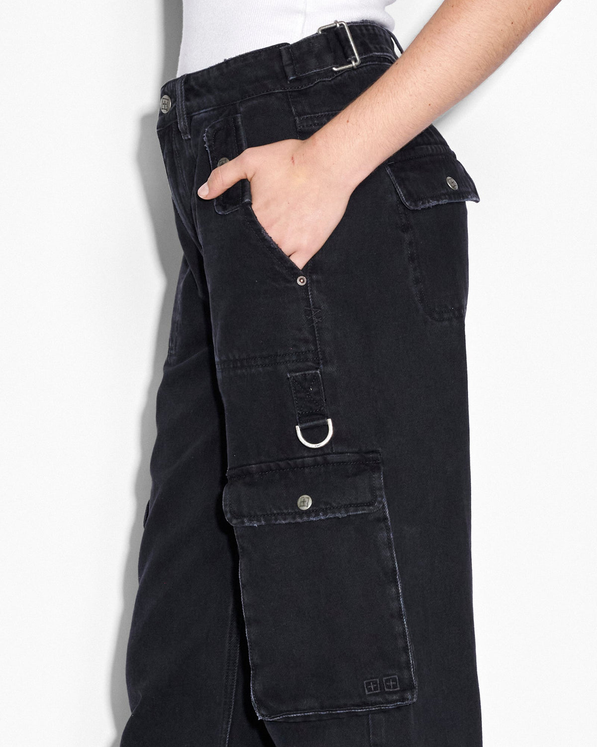 Womens Low Rider Stealth Cargo Baggy Denim Jeans - Black