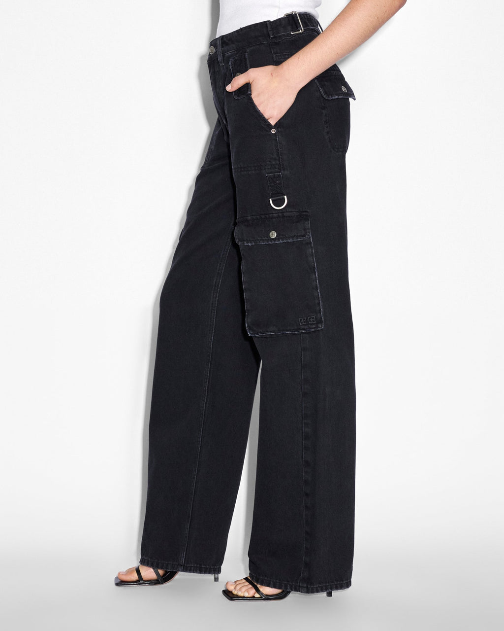 Womens Low Rider Stealth Cargo Baggy Denim Jeans - Black