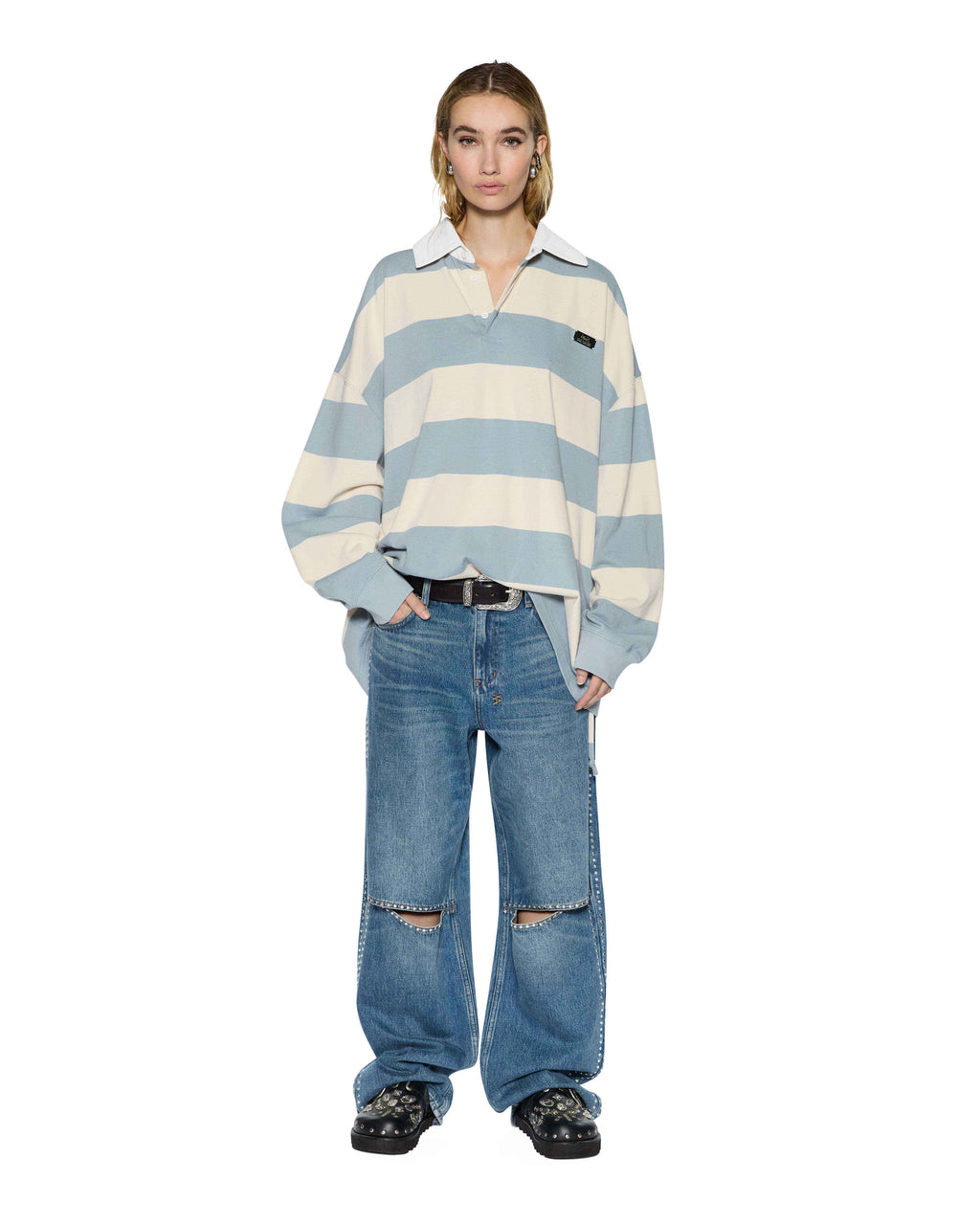 Womens Rugged Rugby Jersey Blue Steel Bone Relaxed Tees - Grey