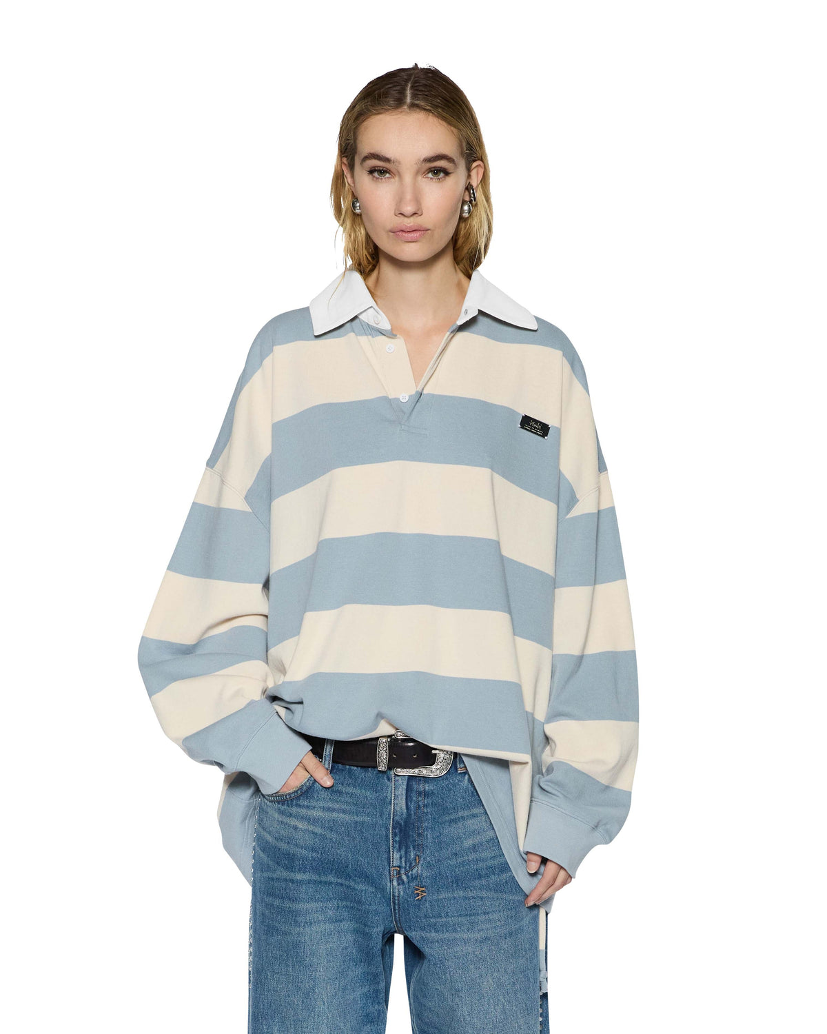 Womens Rugged Rugby Jersey Blue Steel Bone Relaxed Tees - Grey