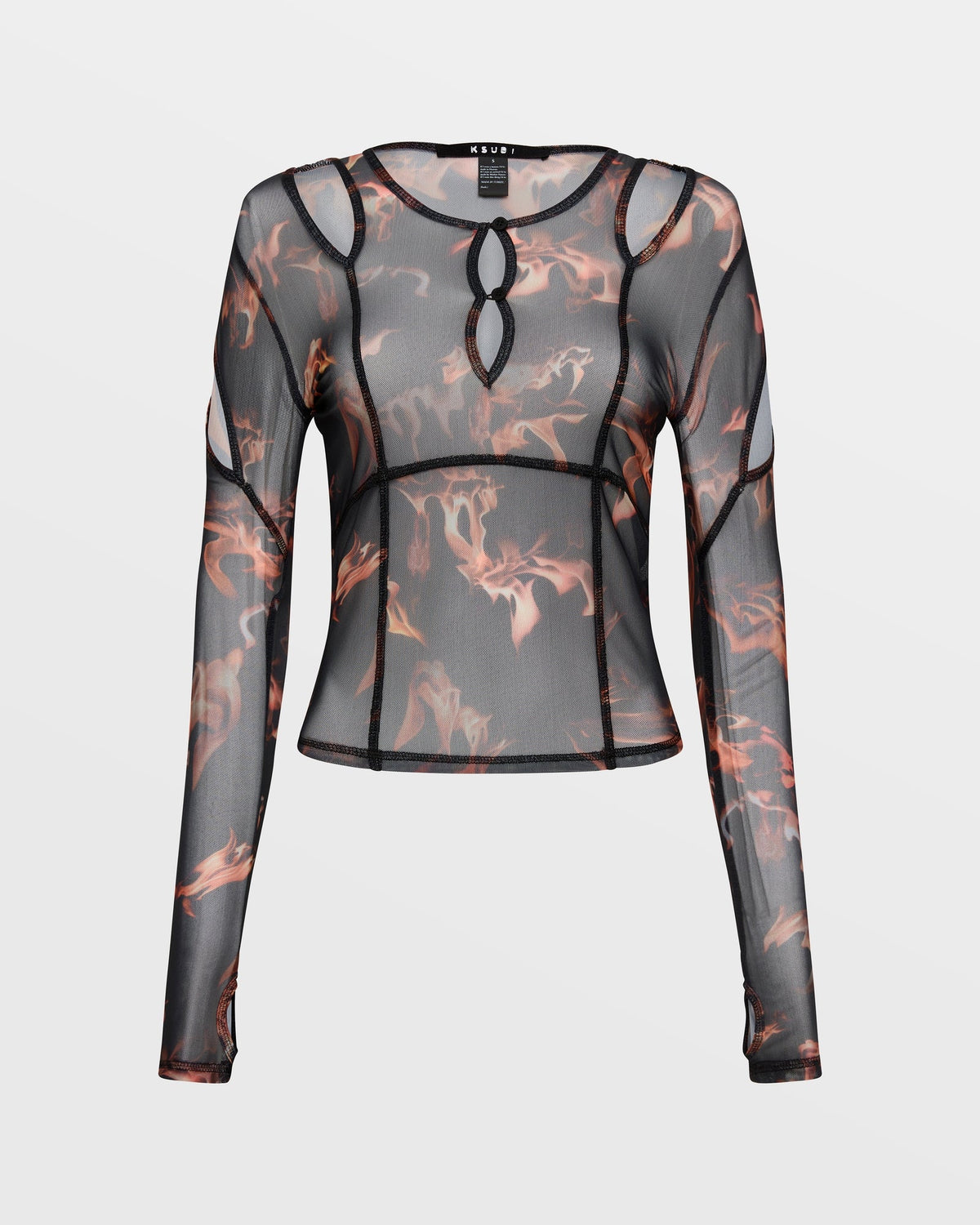 Womens Void Mesh Ls Top Consumed Fitted Fashion Tops - Black