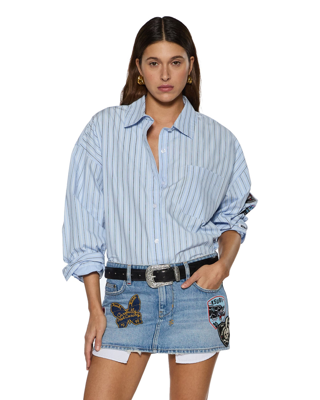 Womens Astra Ls Shirt Blue Stripe Badge Oversized Shirts - Blue