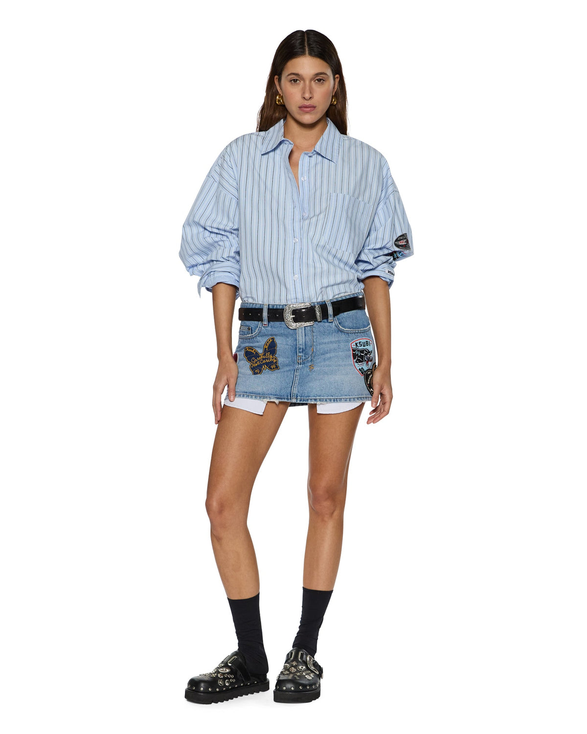 Womens Astra Ls Shirt Blue Stripe Badge Oversized Shirts - Blue