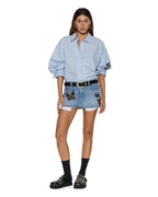 Womens Astra Ls Shirt Blue Stripe Badge Oversized Shirts - Blue