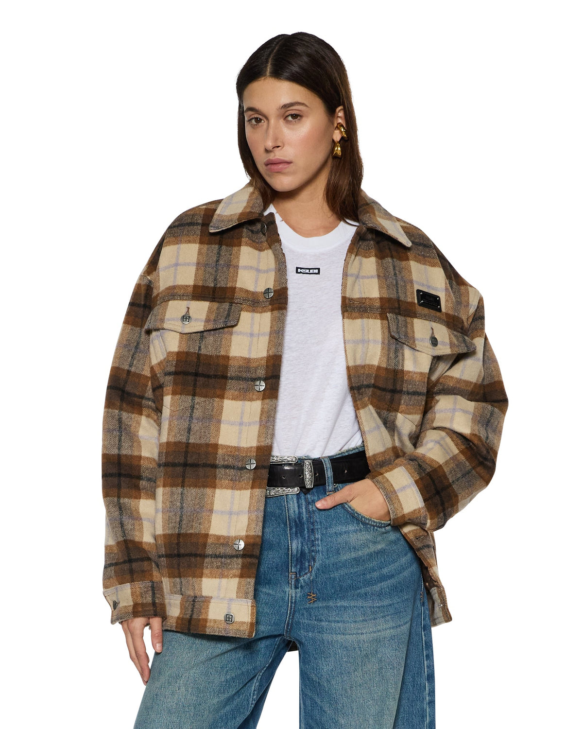 Womens Ksuper Trucker Jacket Plaid Oversized Jackets - Multi Colour