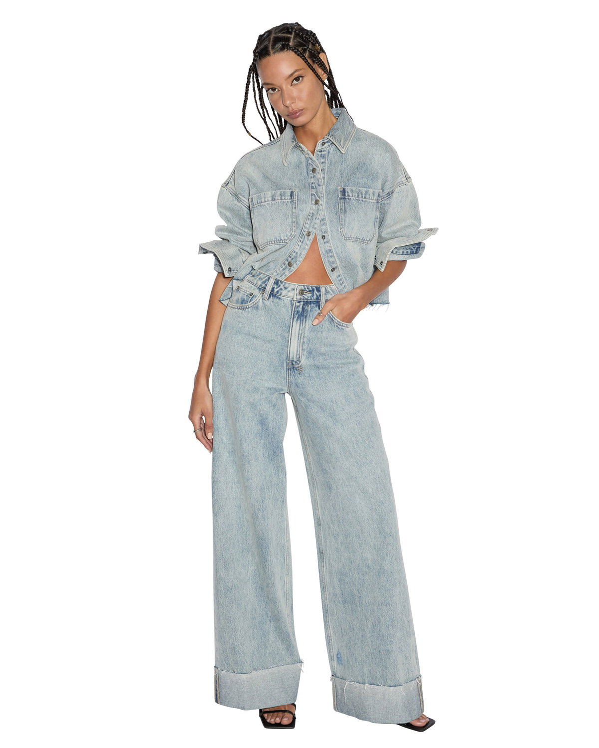 Womens Strider Worn Cuffed Wide Denim Jeans - Denim
