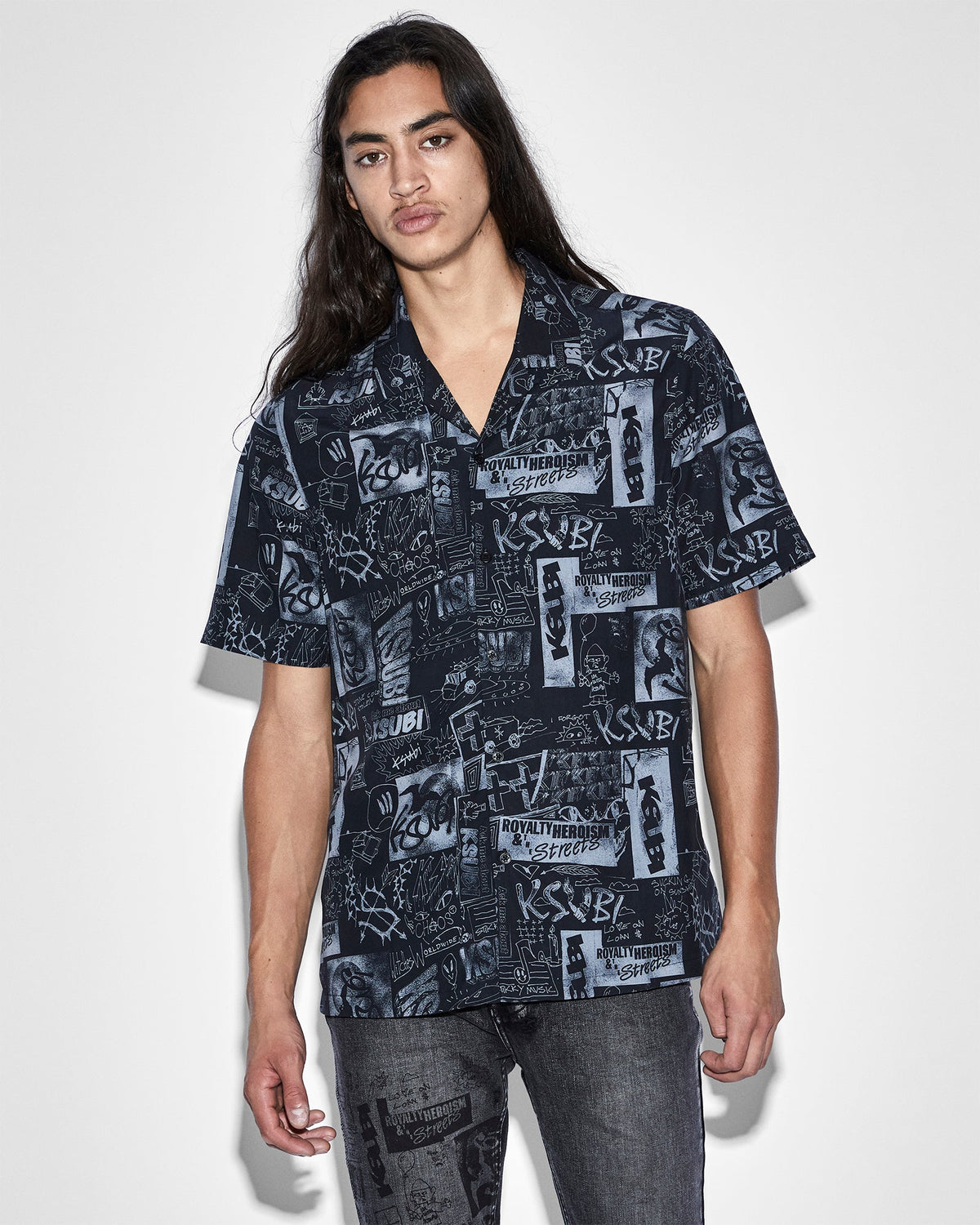 Mens Mash Up Resort Shirt Black Regular Shirts - Black