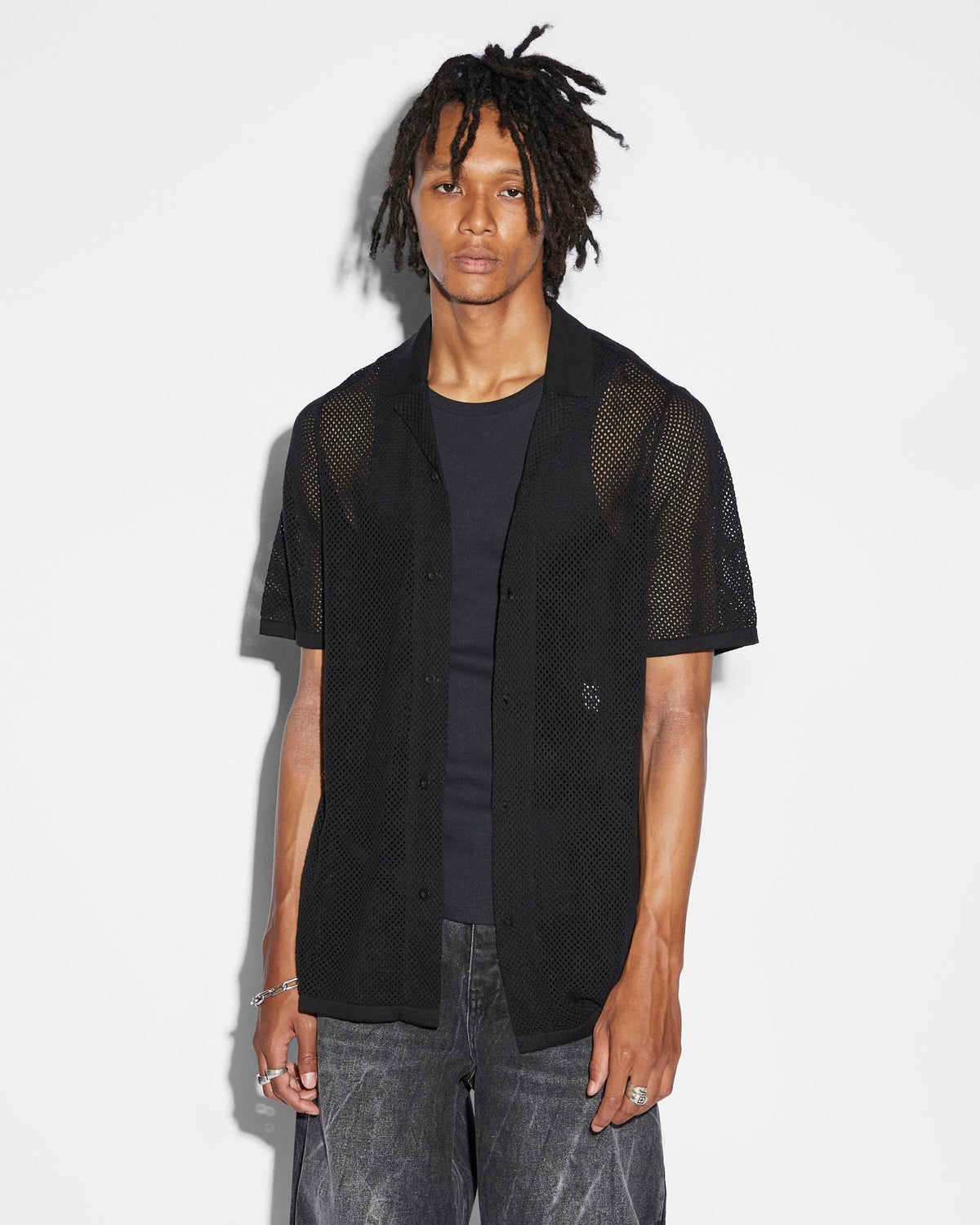 Mens Net Worth Knit Resort Ss Shirt Black Regular Knitwear - Black