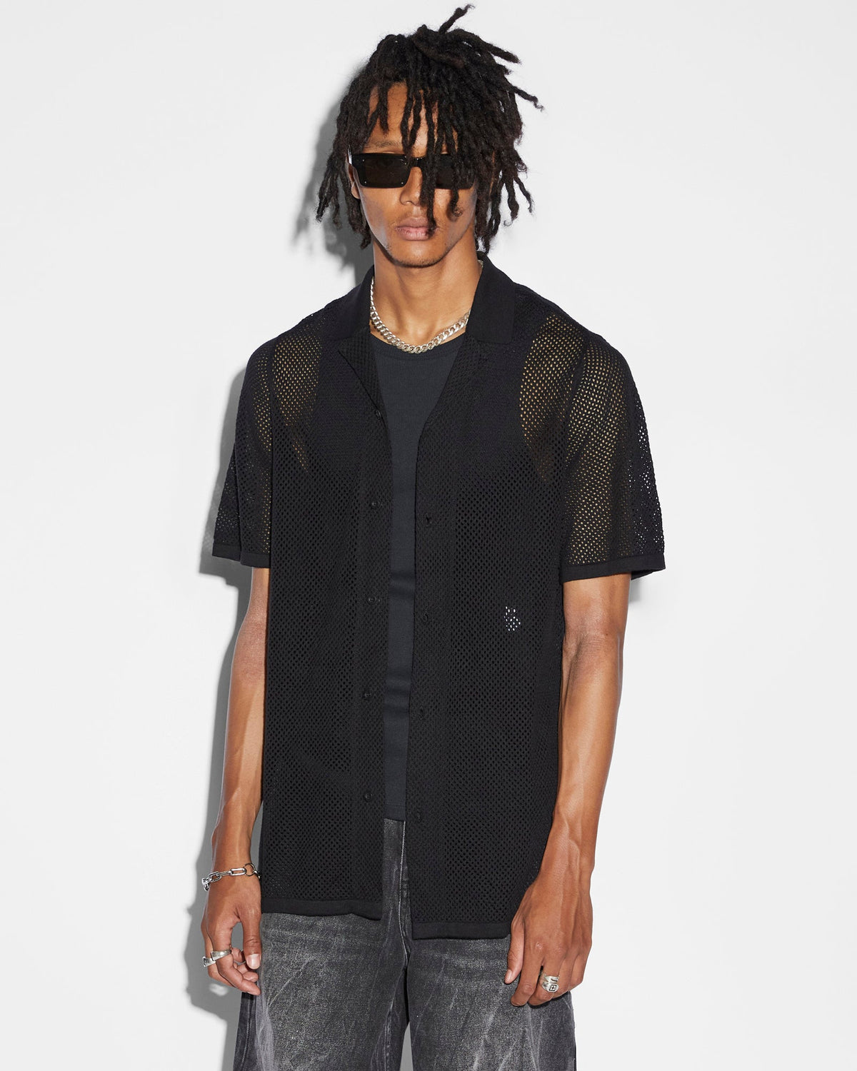 Mens Net Worth Knit Resort Ss Shirt Black Regular Knitwear - Black