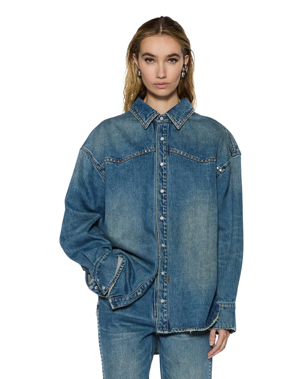 Womens Oversized Ls Shirt Texas Blue Studded Oversized Shirts - Denim