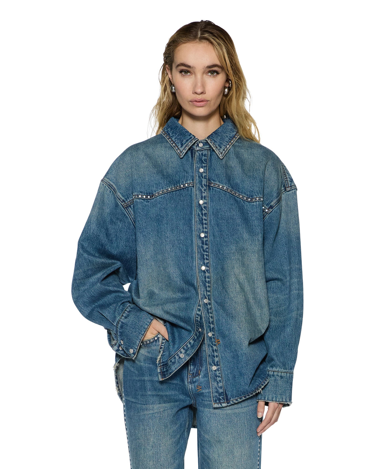 Womens Oversized Ls Shirt Texas Blue Studded Oversized Shirts - Denim