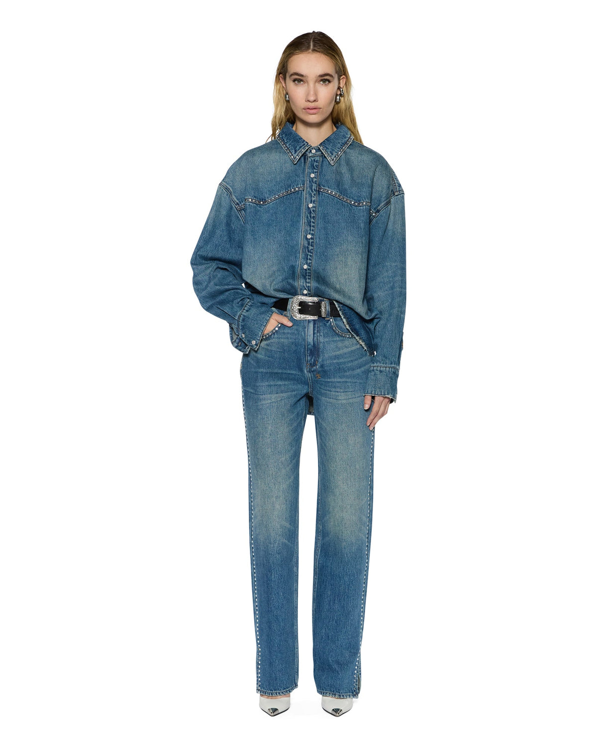 Womens Playback Texas Blue Studded Relaxed Denim Jeans - Denim