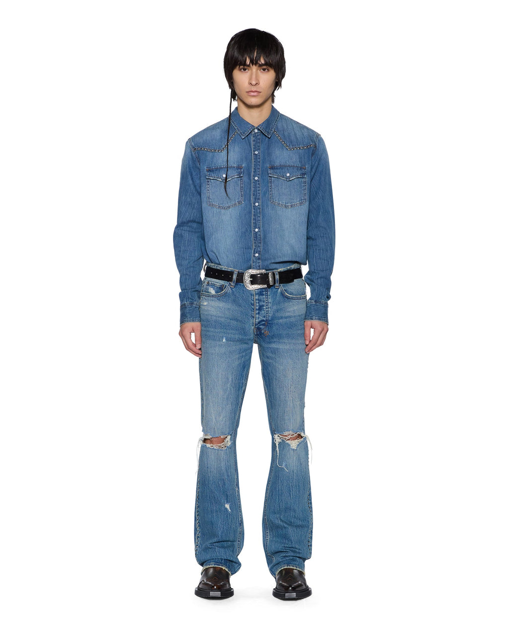 Mens Whiplash Ls Shirt Texas Blue Studded Regular Shirts - Denim