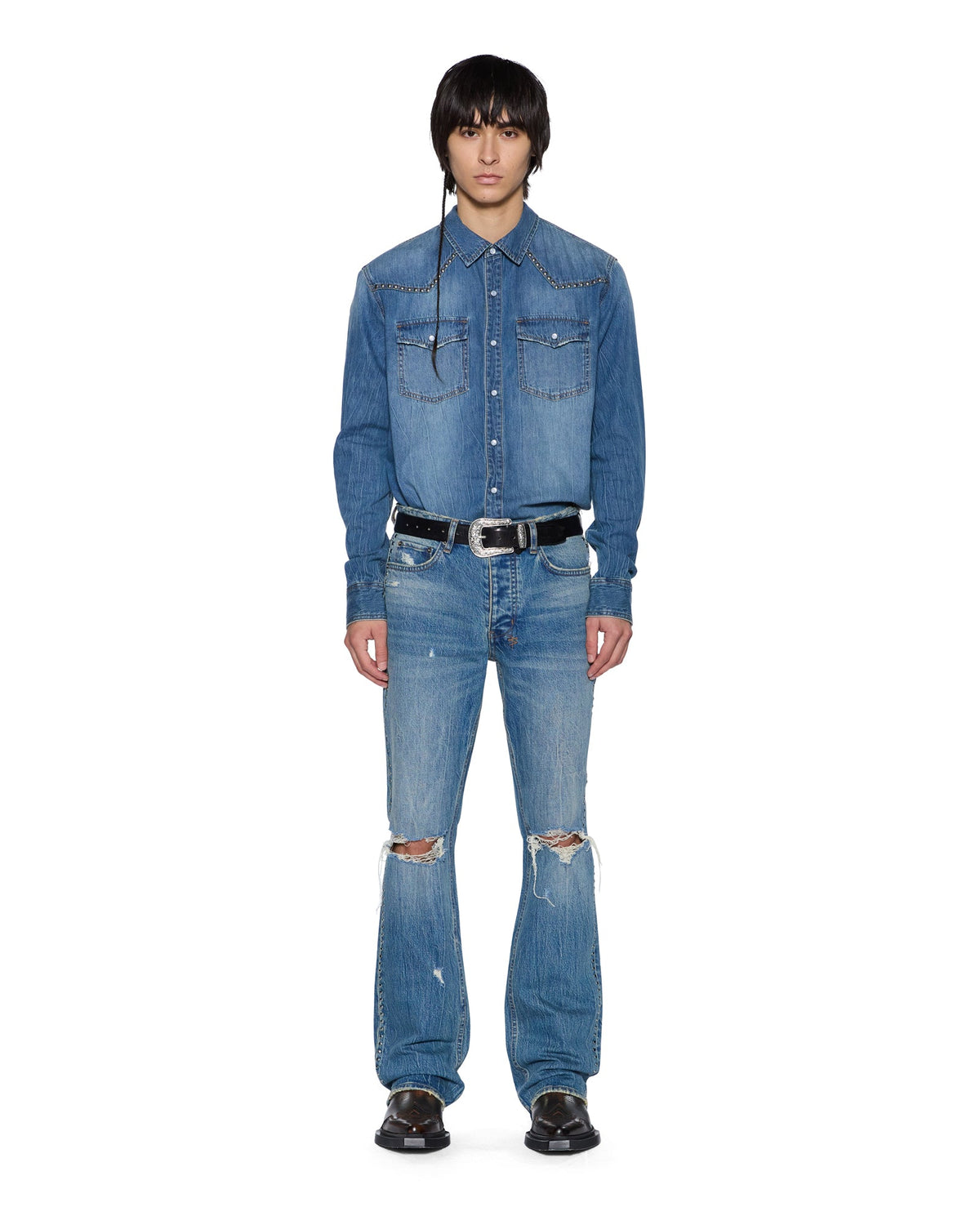 Mens Whiplash Ls Shirt Texas Blue Studded Regular Shirts - Denim
