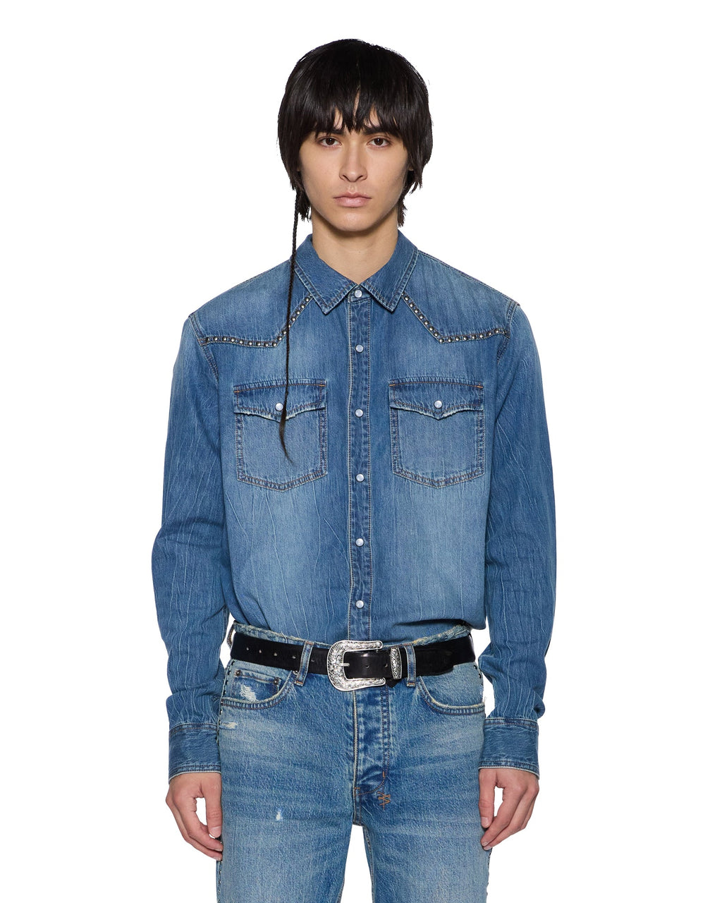 Mens Whiplash Ls Shirt Texas Blue Studded Regular Shirts - Denim
