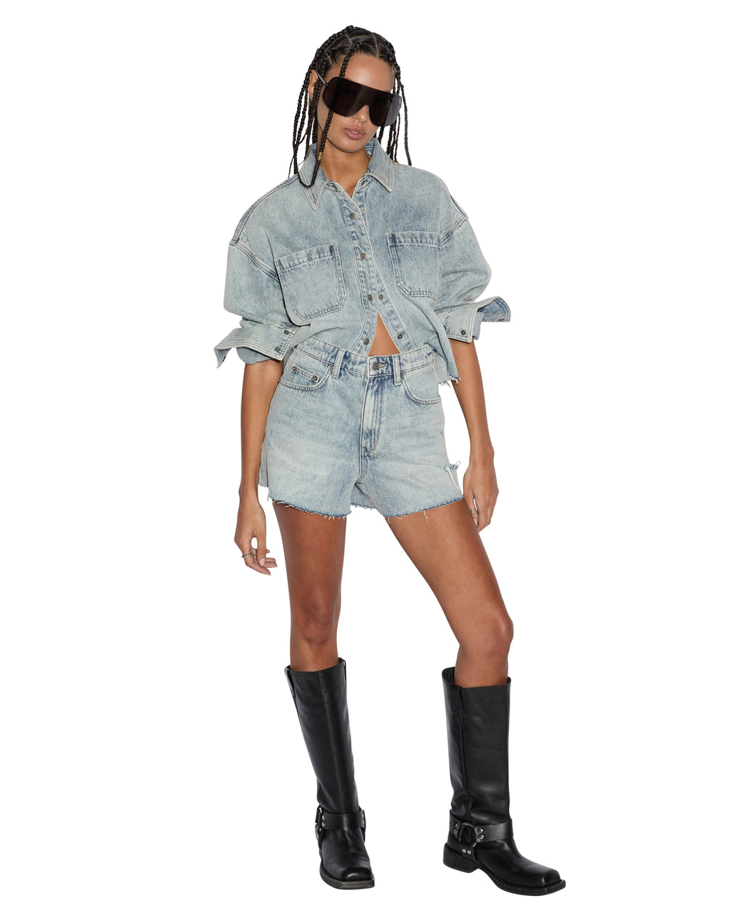 Womens Rise N Hi Shorts Worn Sliced Fitted Walkshorts - Denim