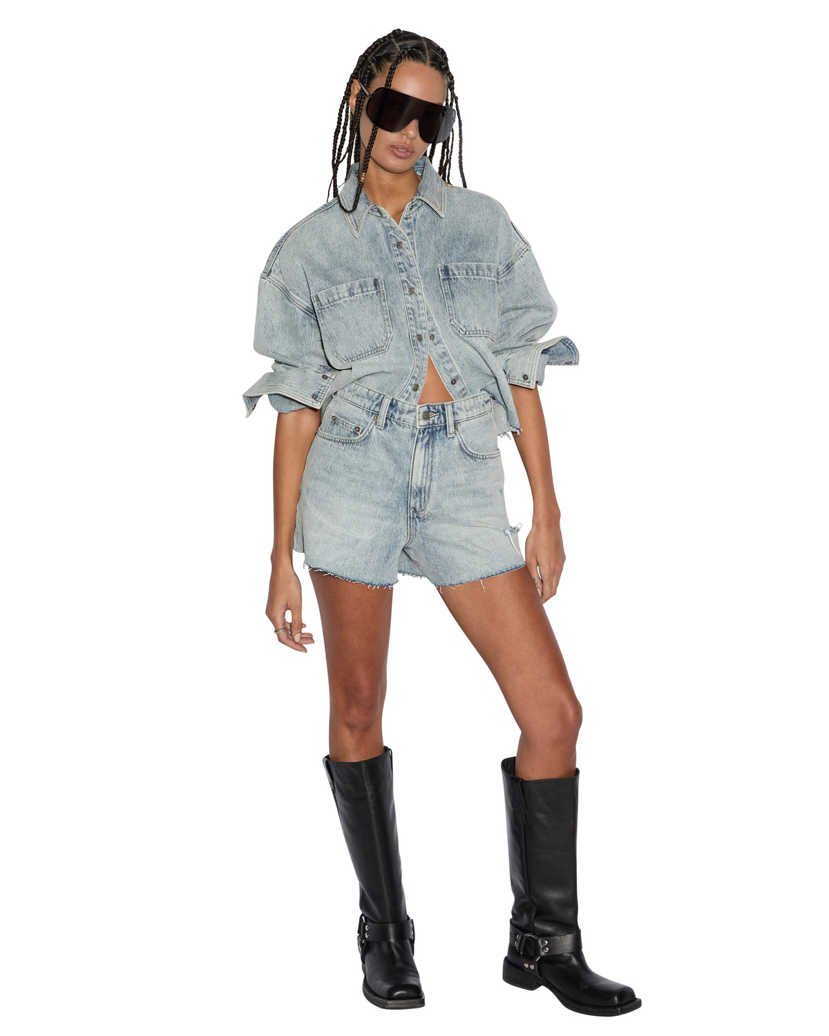 Womens Rise N Hi Shorts Worn Sliced Fitted Walkshorts - Denim