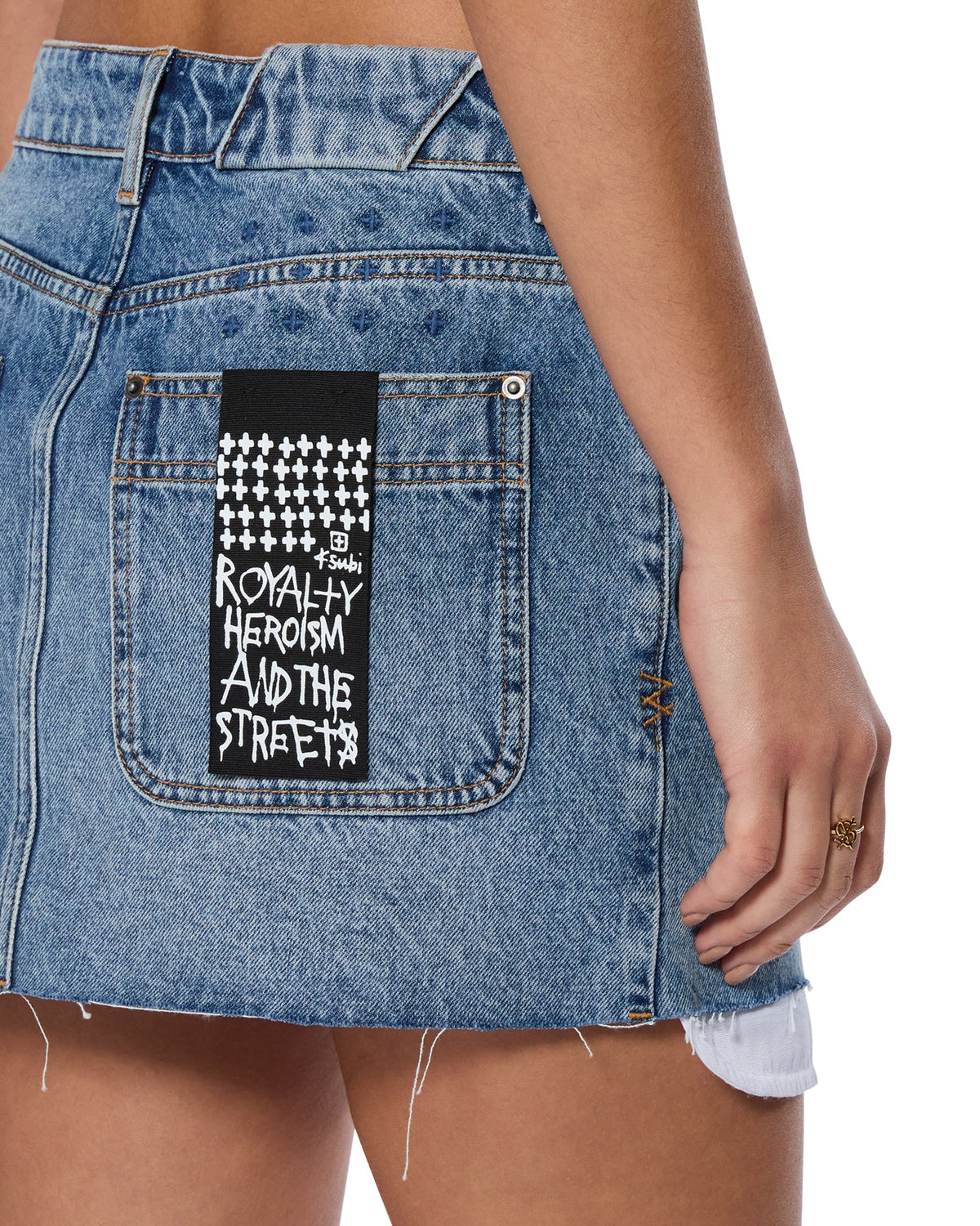 Womens Low Rider Mini Exposed Swept Slim Skirts - Denim