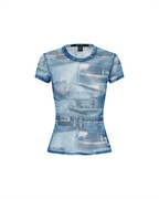 Womens Studio Mesh Ss Tee Fitted Fashion Tops - Denim