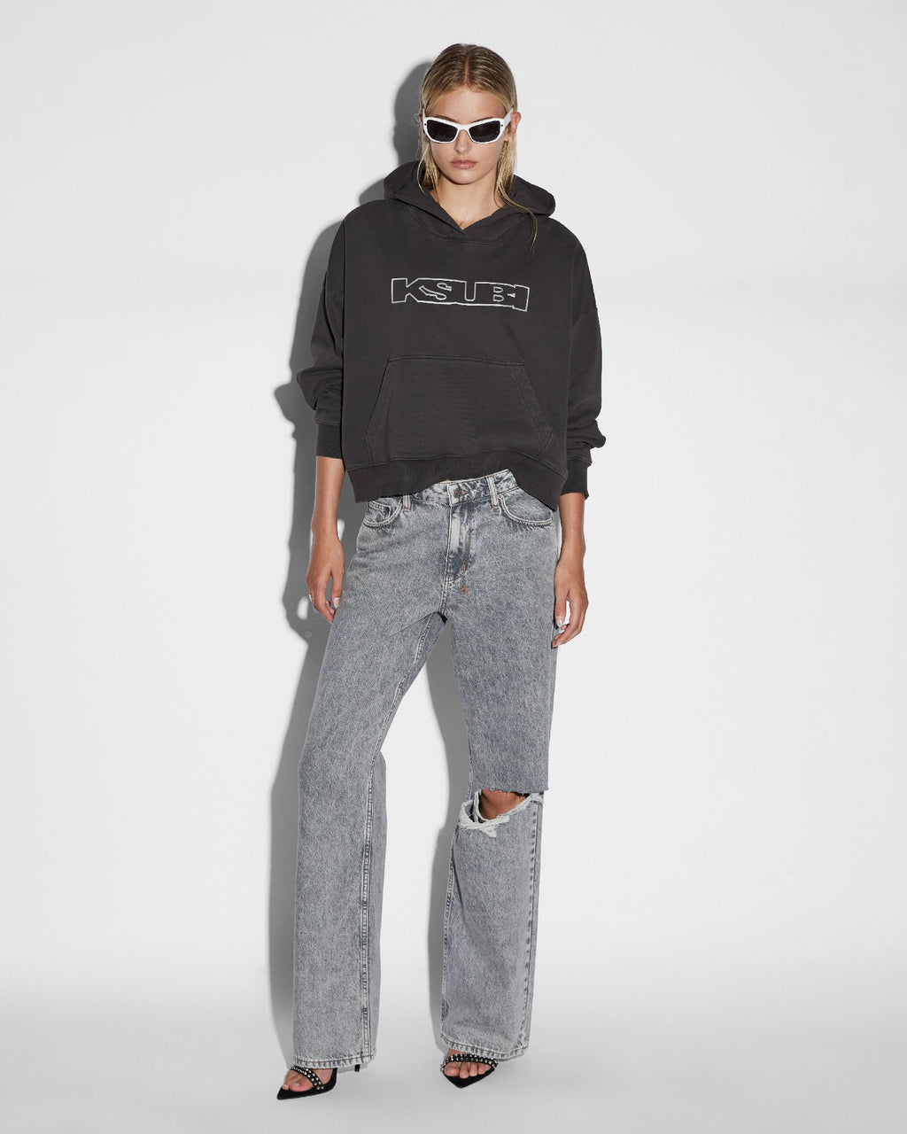 Womens Low Rider Dime Sliced Baggy Denim Jeans - Grey