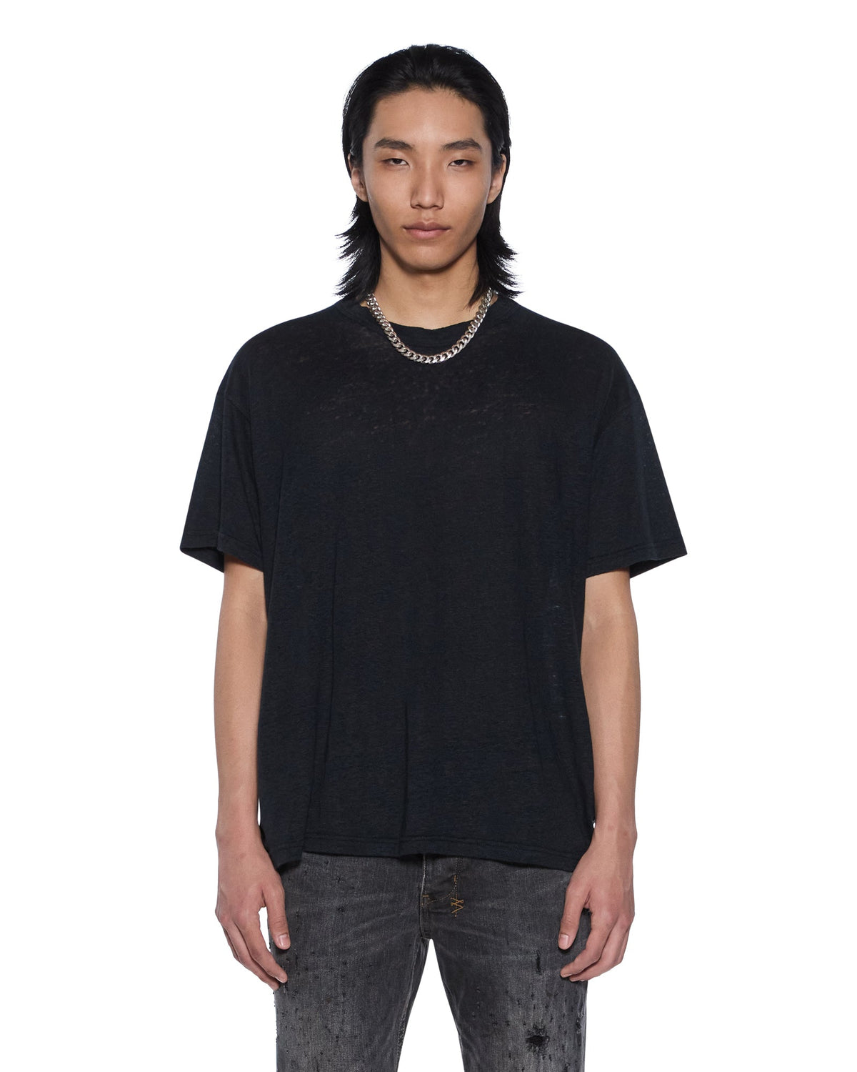 Mens Sid Linen Ss Tee Jet Black Slim Tees - Black
