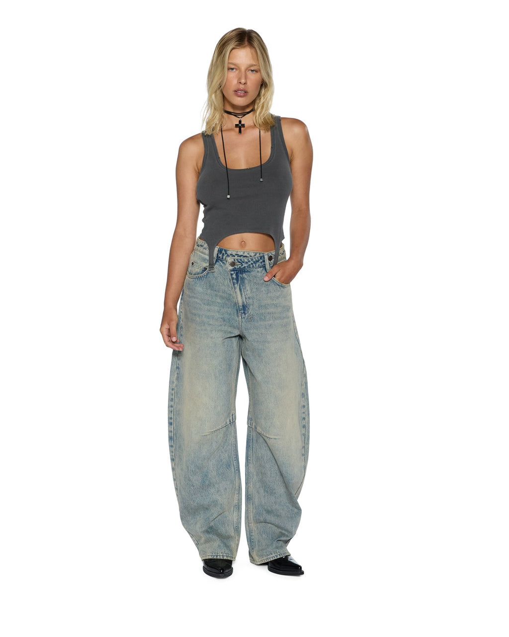 Womens Origin Tank Garter Charcoal Fitted Fashion Tops - Grey