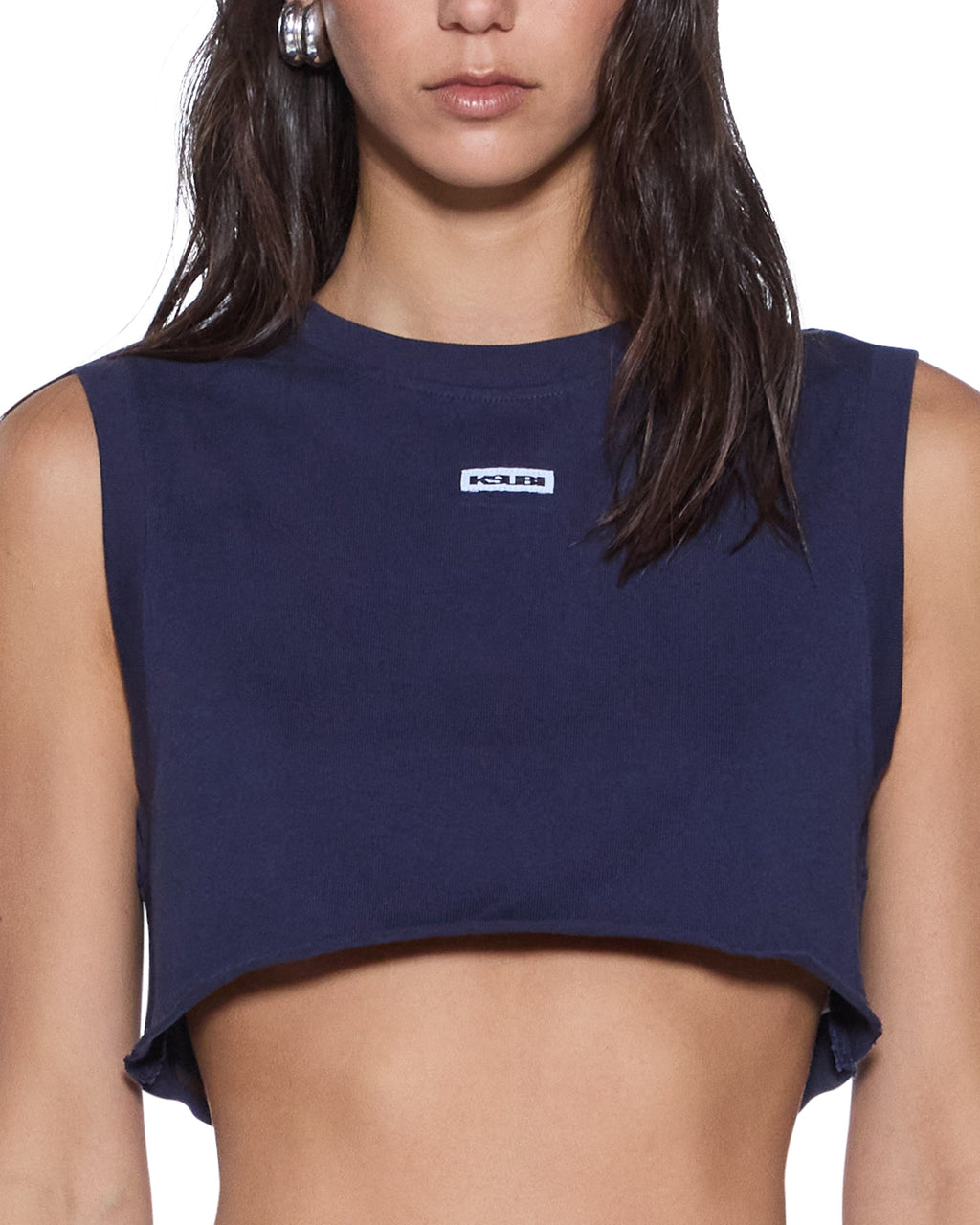 Womens Labels Crop Tank Navy Slim Tees - Navy