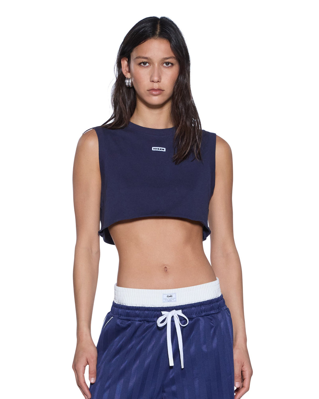 Womens Labels Crop Tank Navy Slim Tees - Navy