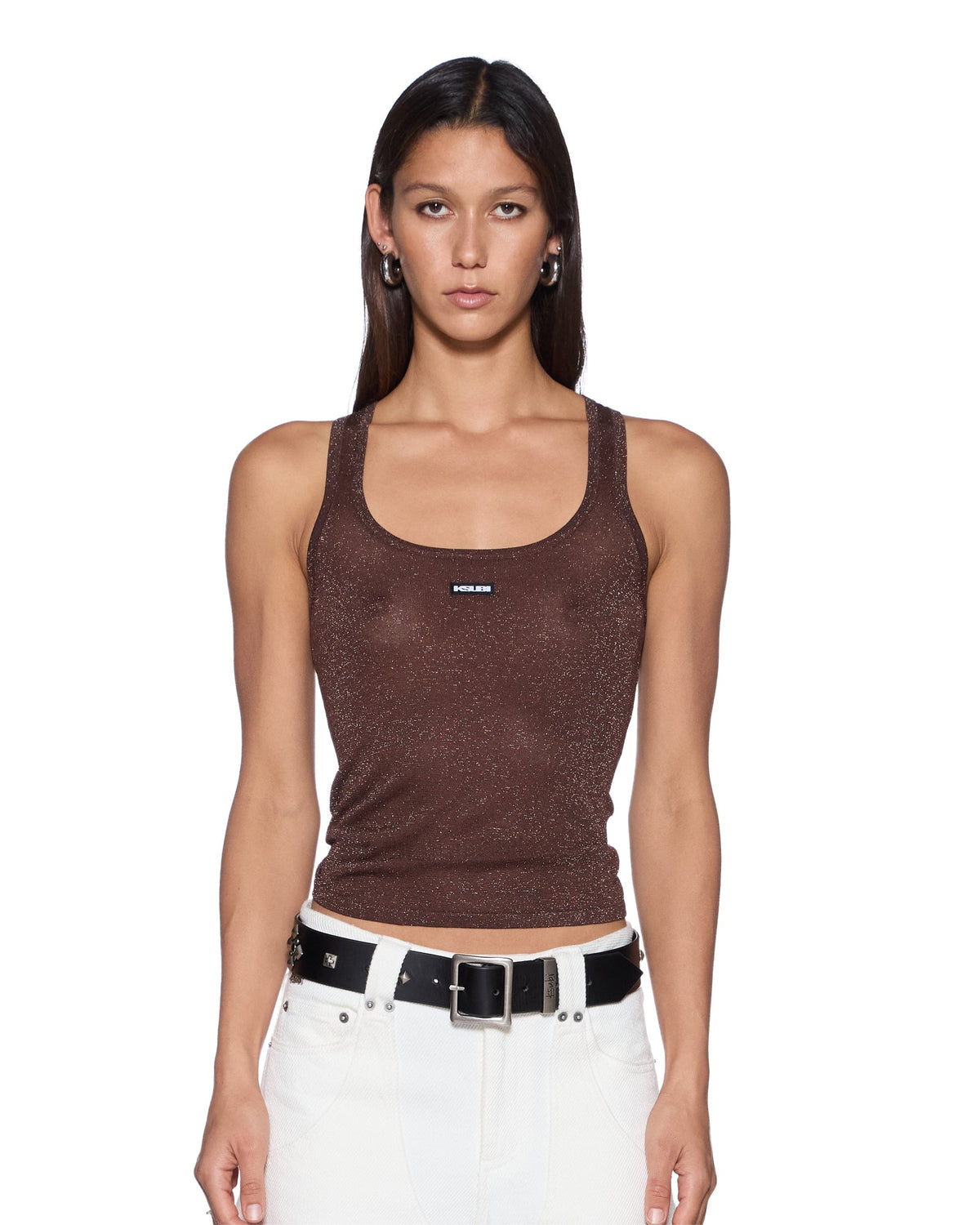 Womens Origin Knit Tank Stone Lurex Slim Fashion Tops - Beige