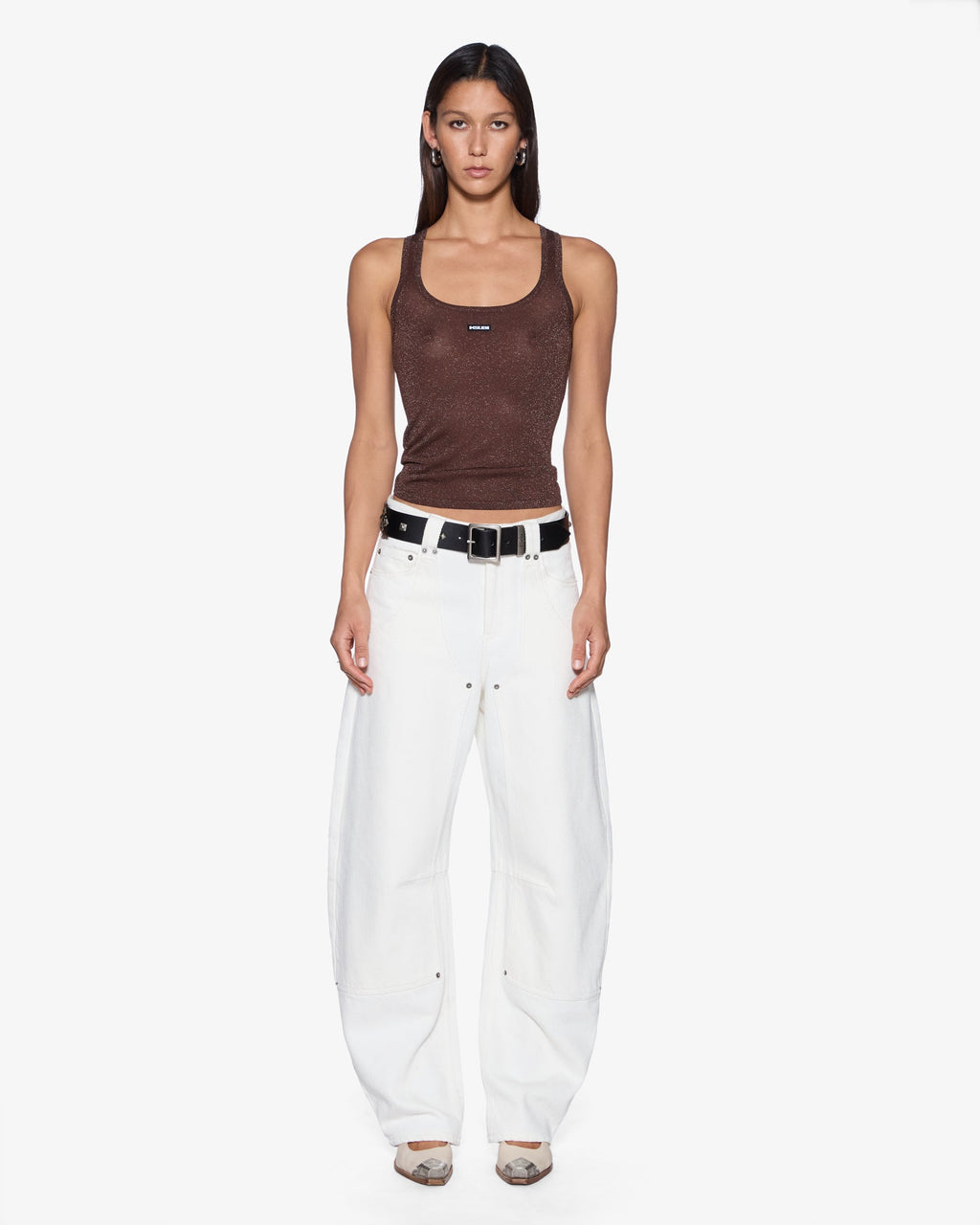 Womens Origin Knit Tank Stone Lurex Slim Fashion Tops - Beige