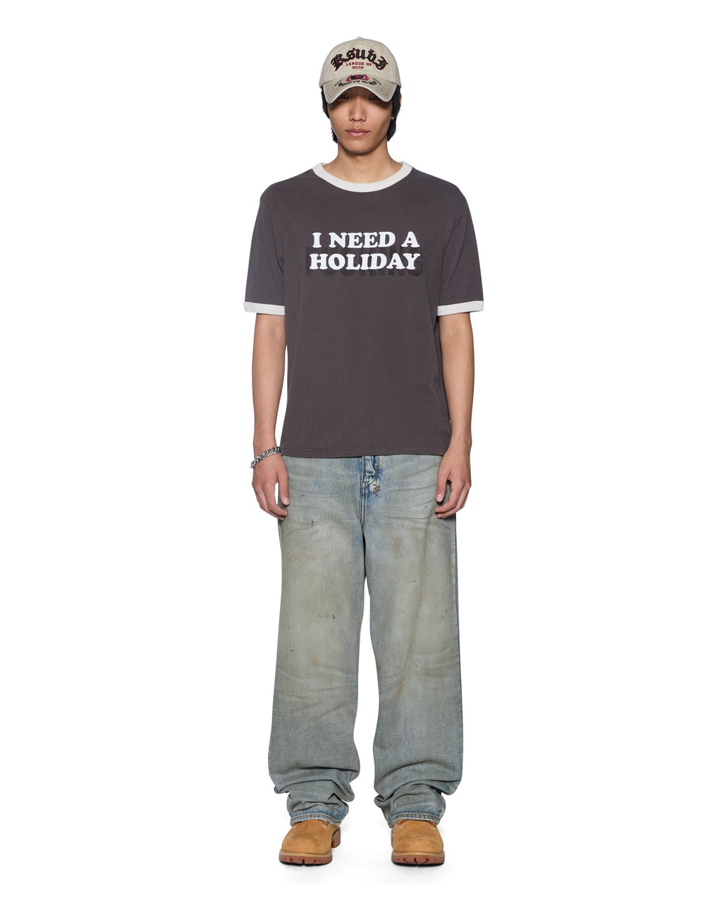 Mens Holiday Ringer Ss Tee Faded Black Slim Tees - Grey