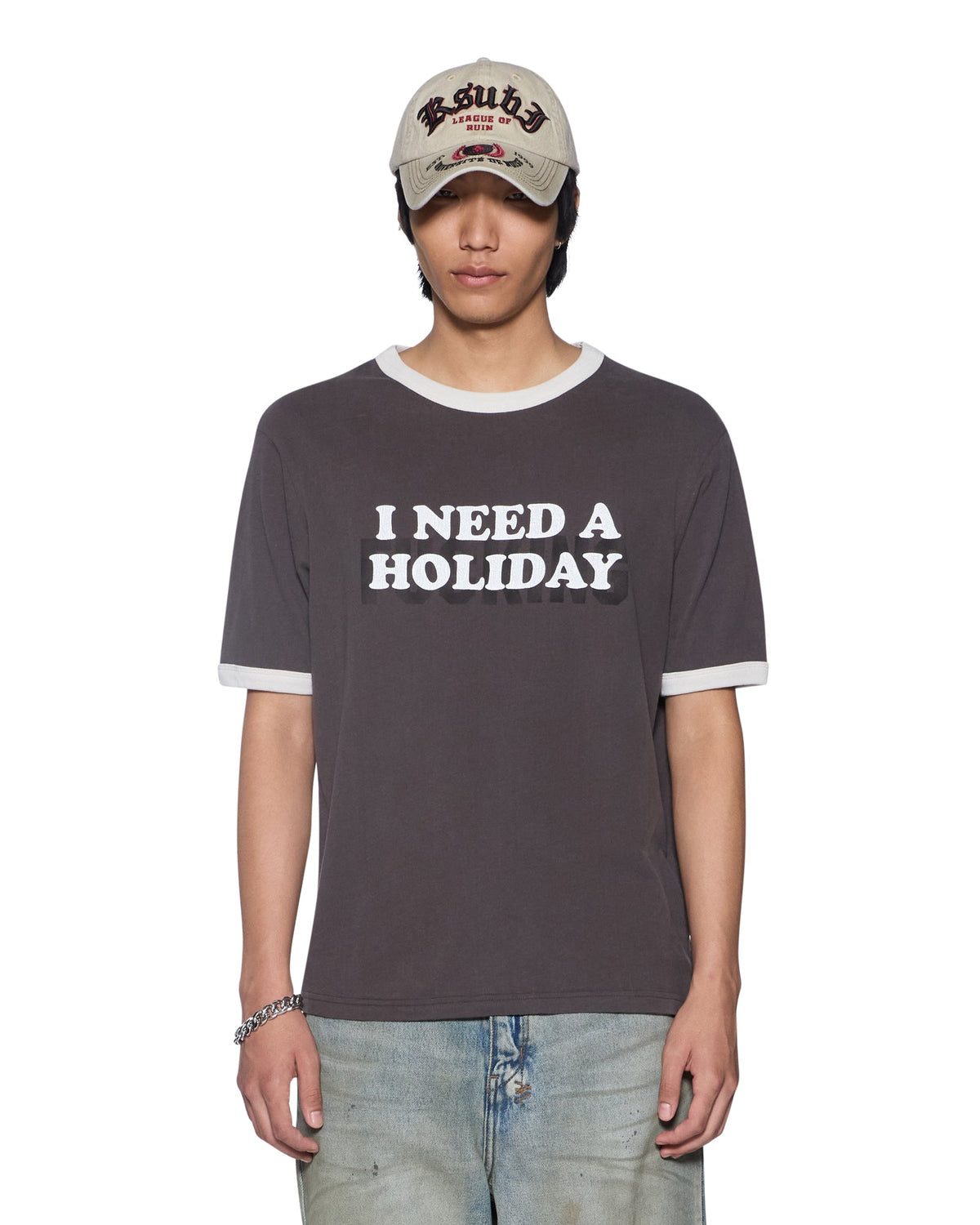 Mens Holiday Ringer Ss Tee Faded Black Slim Tees - Grey