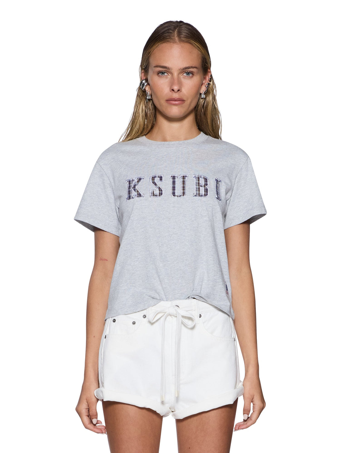 Womens Ksubi Plaid Shrunken Ss Tee Grey Marle Fitted Tees - Grey