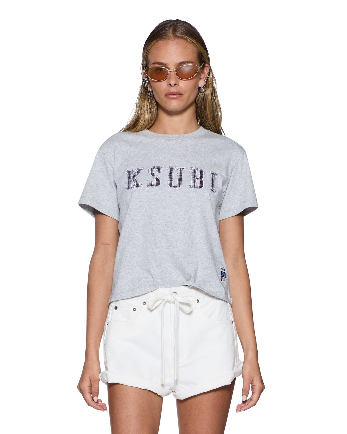 Womens Ksubi Plaid Shrunken Ss Tee Grey Marle Fitted Tees - Grey